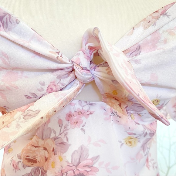 SOFIA THE LABEL white pink floral print GG tie front puffy sleeve mini dress - Picture 5 of 12
